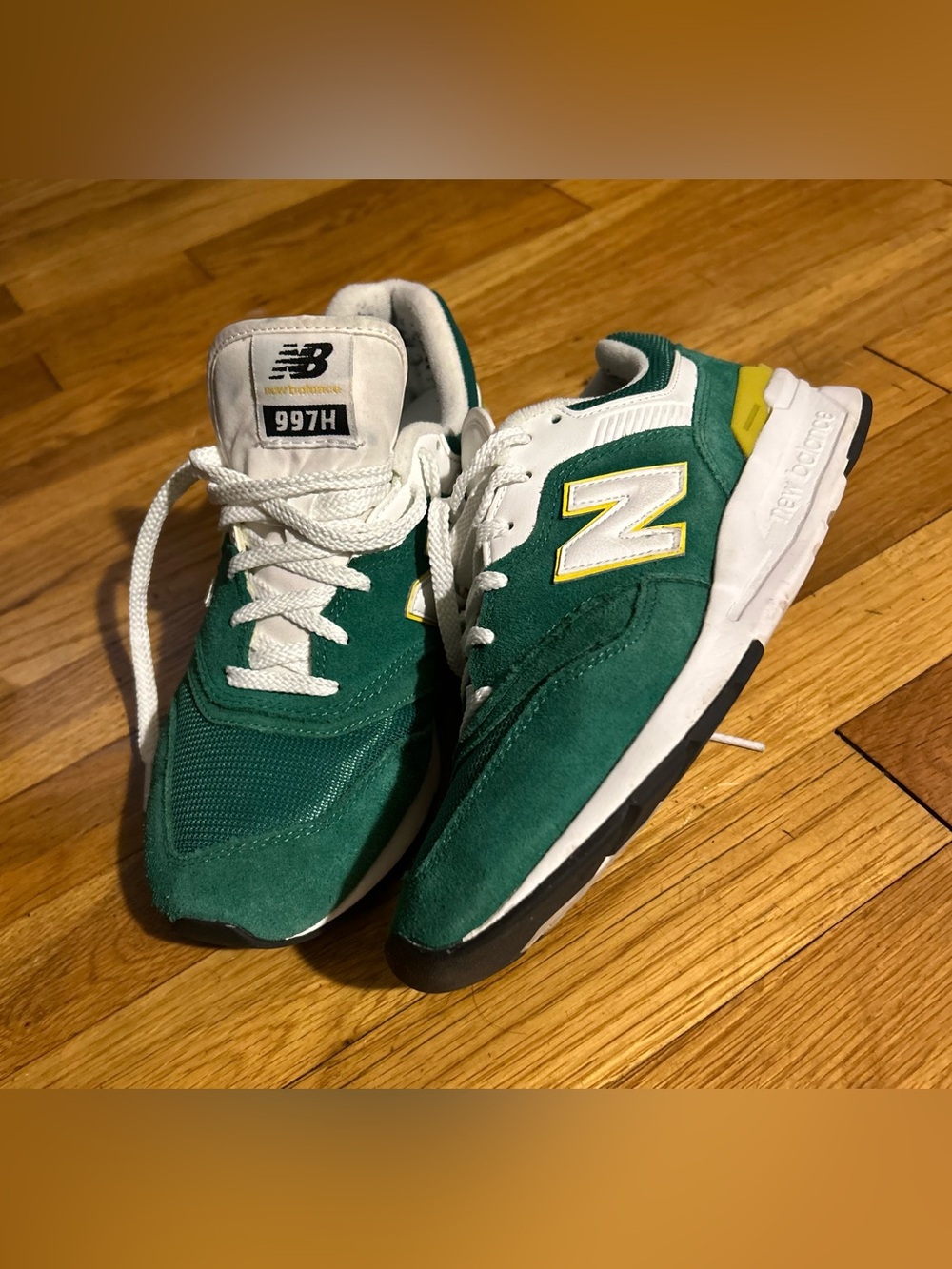 New Balance 997H Green & White Athletic Sneakers with Yellow Accent